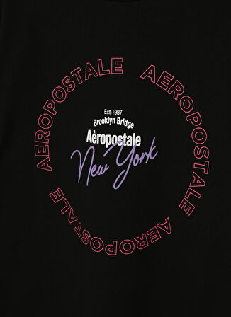 Aeropostale Siyah Kız Çocuk Bisiklet Yaka Düşük Omuz Oversize Baskılı T-Shirt 23SAG-09