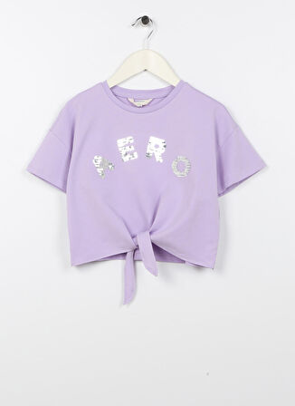 Aeropostale Lila Kız Çocuk Bisiklet Yaka Düşük Omuz Oversize Baskılı T-Shirt 23SAG-12