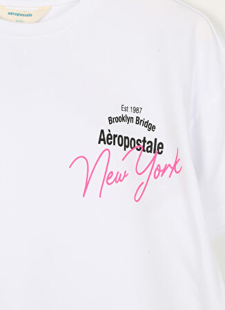 Aeropostale Ekru Kız Çocuk Bisiklet Yaka Düşük Omuz Oversize Baskılı T-Shirt 23SAG-01