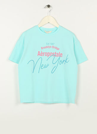 Aeropostale Turkuaz Kız Çocuk Bisiklet Yaka Düşük Omuz Oversize Baskılı T-Shirt 23SAG-33