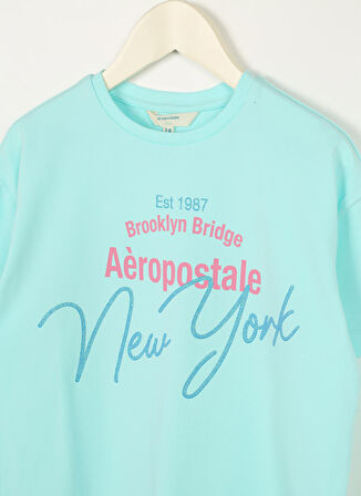 Aeropostale Turkuaz Kız Çocuk Bisiklet Yaka Düşük Omuz Oversize Baskılı T-Shirt 23SAG-33