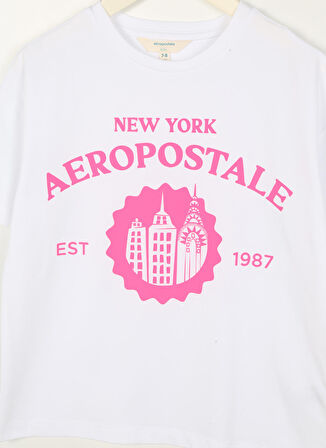 Aeropostale Ekru Kız Çocuk Bisiklet Yaka Düşük Omuz Oversize Baskılı T-Shirt 23SAG-02