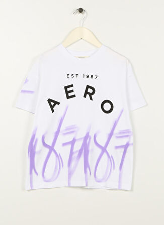 Aeropostale Ekru Erkek Çocuk Bisiklet Yaka Oversize Baskılı T-Shirt 23SAB-05