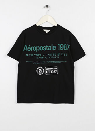 Aeropostale Siyah Erkek Çocuk Bisiklet Yaka Oversize Baskılı T-Shirt 23SAB-01