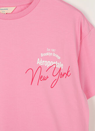 Aeropostale Pembe Kız Çocuk Bisiklet Yaka Düşük Omuz Oversize Baskılı T-Shirt 23SAG-01