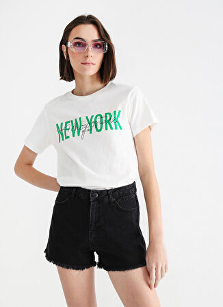 Aeropostale Bisiklet Yaka Baskılı Kırık Beyaz Kadın T-Shirt K-YORKI