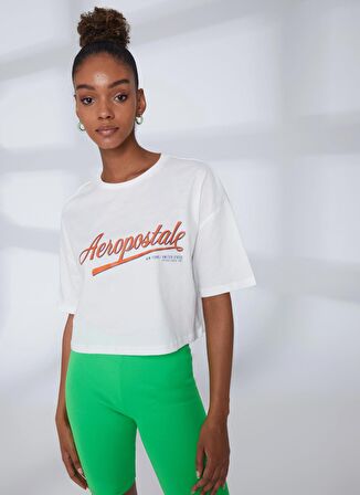 Aeropostale Bisiklet Yaka Baskılı Kırık Beyaz Kadın T-Shirt K-WHITE