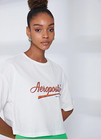 Aeropostale Bisiklet Yaka Baskılı Kırık Beyaz Kadın T-Shirt K-WHITE