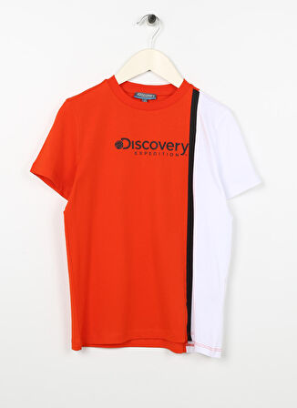 Discovery Expedition Beyaz - Turuncu Erkek Çocuk Bisiklet Yaka Düşük Omuzlu Baskılı T-Shirt JUNO BOY