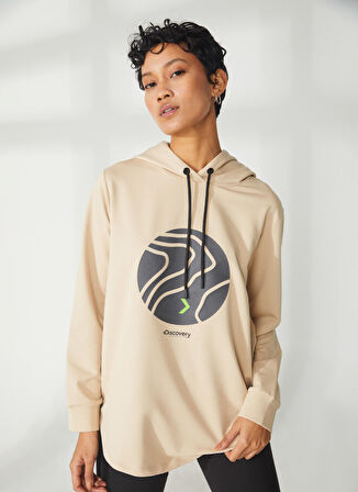 Discovery Expedition Bej Kadın Kapüşonlu Uzun Kollu Relaxed Nakışlı Sweatshirt W-ALVES