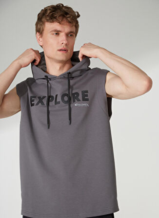 Discovery Expedition Antrasit Erkek Kapüşonlu Kolsuz Relaxed Baskılı Sweatshirt RILAS