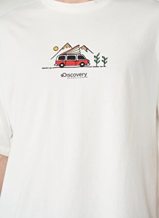 Bisiklet Yaka Nakışlı Kırık Beyaz Erkek T-Shirt LEAF