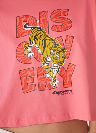 Discovery Expedition Pembe Kadın Bisiklet Yaka Kısa Kollu Oversize Baskılı T-Shirt W-ROTA