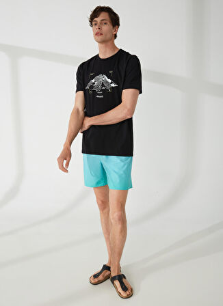 Siyah Erkek Bisiklet Yaka Kısa Kollu Relaxed Baskılı T-Shirt TENX