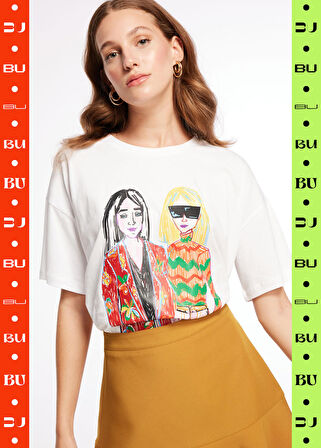 Fabrika Bisiklet Yaka Baskılı Kırık Beyaz Kadın T-Shirt F3WL-TST5