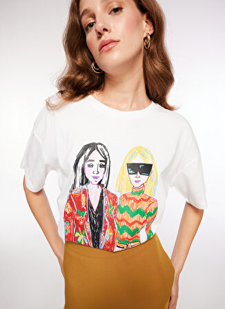 Fabrika Bisiklet Yaka Baskılı Kırık Beyaz Kadın T-Shirt F3WL-TST5