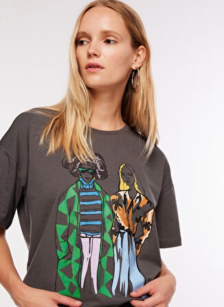 Fabrika Bisiklet Yaka Baskılı Antrasit Kadın T-Shirt F3WL-TST8