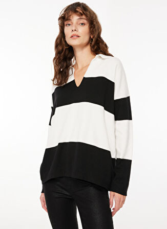 Fabrika Polo Yaka Rahat Çizgili Siyah - Beyaz Kazak Kadın F3WL-KZK2