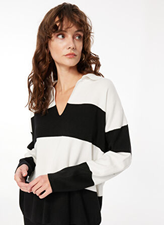 Fabrika Polo Yaka Rahat Çizgili Siyah - Beyaz Kazak Kadın F3WL-KZK2