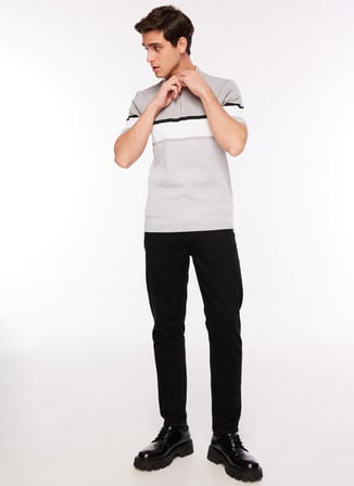 Fabrika Polo Yaka Basic Düz Gri Erkek Kazak F3WM-KZK153