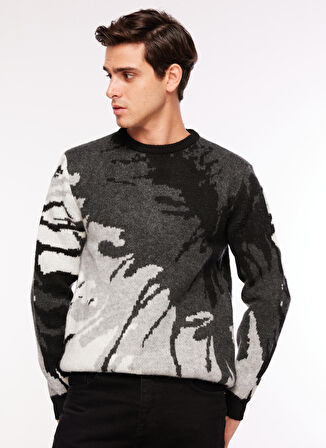 Fabrika Bisiklet Yaka Relaxed Jakarlı Siyah Erkek Kazak F3WM-KZK150