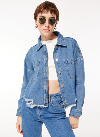 Aeropostale Oversize Gömlek Yaka Düz İndigo Kadın Denim Gömlek A3WL-GML1