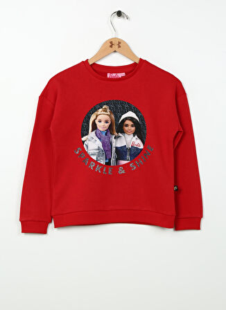 Barbie Kırmızı Kız Çocuk Bisiklet Yaka Düşük Omuz Oversize Baskılı Sweatshirt BRB3WG-SWT14