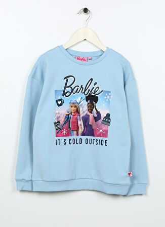 Barbie Mavi Kız Çocuk Bisiklet Yaka Düşük Omuz Oversize Baskılı Sweatshirt BRB3WG-SWT10