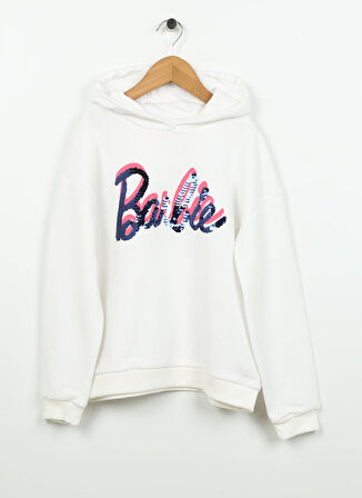 Barbie Ekru Kız Çocuk Bisiklet Yaka Düşük Omuz Oversize Baskılı Sweatshirt BRB3WG-SWT7