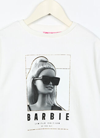 Barbie Ekru Kız Çocuk Bisiklet Yaka Düşük Omuz Oversize Baskılı Sweatshirt BRB3WG-SWT8