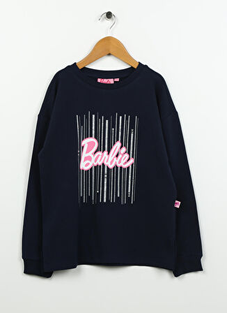 Barbie Lacivert Kız Çocuk Bisiklet Yaka Düşük Omuz Oversize Baskılı Sweatshirt BRB3WG-SWT11