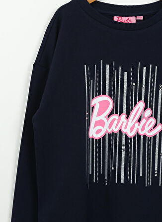 Barbie Lacivert Kız Çocuk Bisiklet Yaka Düşük Omuz Oversize Baskılı Sweatshirt BRB3WG-SWT11