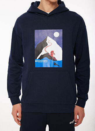 Lacivert Erkek Kapüşonlu Loose Fit Baskılı Sweatshirt D3WM-SWT35