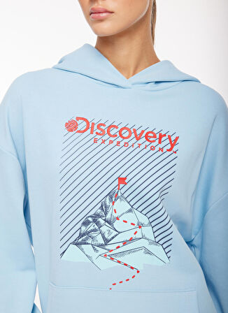 Discovery Expedition Mavi Kadın Kapüşonlu Oversize Baskılı Sweatshirt D3WL-SWT22