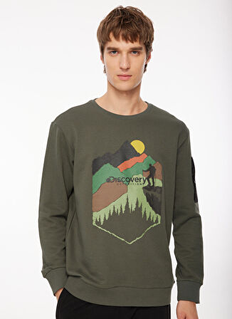 Discovery Expedition Haki Erkek Bisiklet Yaka Baskılı Sweatshirt D3WM-SWT38