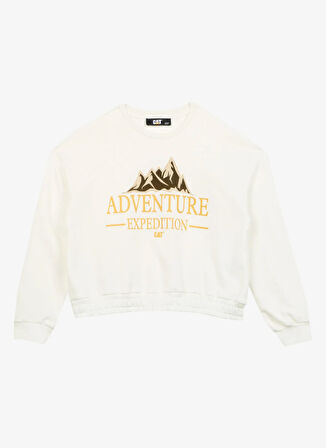 Caterpillar Ekru Kız Çocuk Bisiklet Yaka Oversize Baskılı Sweatshirt C3WG-SWT13