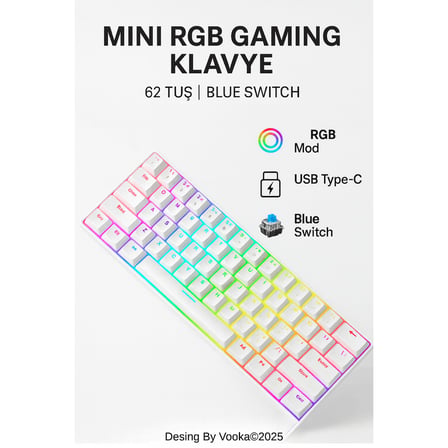 Blue Switch Mini Rgb Oyun Klavyesi Gaming Mekanik 62 Tuşlu 18 Led Usb Type-c Kablosu Beyaz LCD