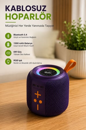 Taşınabilir Bluetooth Hoparlör 6W Güçlü Ses, RGB LED Işık, 1500 mAh Batarya, TF Kart Destekli Kablosuz Mini Hoparlör,..,
