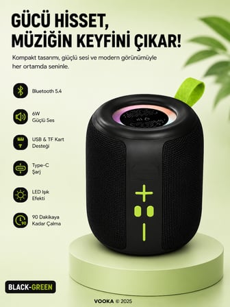 Taşınabilir Bluetooth Hoparlör 6W Güçlü Ses, RGB LED Işık, 1500 mAh Batarya, TF Kart Destekli Kablosuz Mini Hoparlör