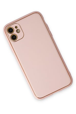 uryport Apple iPhone 12 Kılıf Coco Deri Silikon Kapak - Pudra