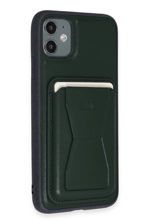 Fuchsia iPhone 11 ile Uyumlu Kılıf HD Deri Luxury Magnet Kartvizitli Kapak - Koyu Yeşil