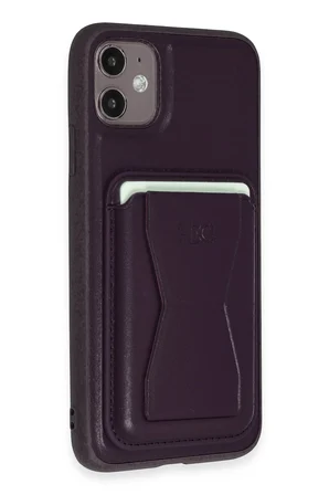 Fuchsia iPhone 11 ile Uyumlu Kılıf HD Deri Luxury Magnet Kartvizitli Kapak - Derin Mor