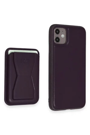 Fuchsia iPhone 11 ile Uyumlu Kılıf HD Deri Luxury Magnet Kartvizitli Kapak - Derin Mor