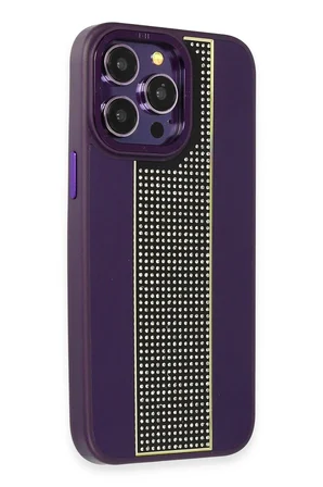 Fuchsia iPhone 14 Pro ile Uyumlu Kılıf HBC-160 Almera Taşlı Kapak - Derin Mor