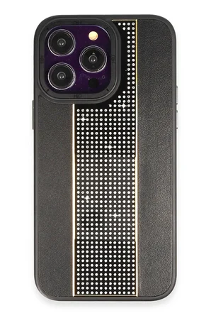Fuchsia iPhone 14 Pro Max ile Uyumlu Kılıf HBC-160 Almera Taşlı Kapak - Siyah