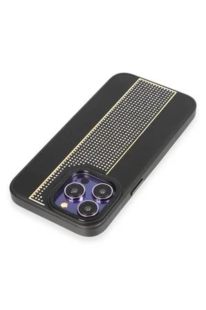 Fuchsia iPhone 14 Pro Max ile Uyumlu Kılıf HBC-160 Almera Taşlı Kapak - Siyah
