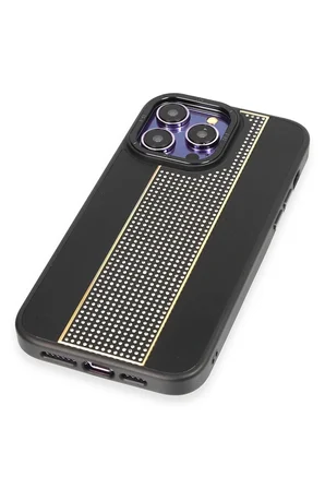 Fuchsia iPhone 14 Pro Max ile Uyumlu Kılıf HBC-160 Almera Taşlı Kapak - Siyah