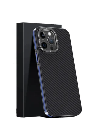 Fuchsia iPhone 15 Pro ile Uyumlu Kılıf Aramid 600D Kevlar Karbon Fiber Kablosuz Şarj Özellikli Kapak - Lacivert