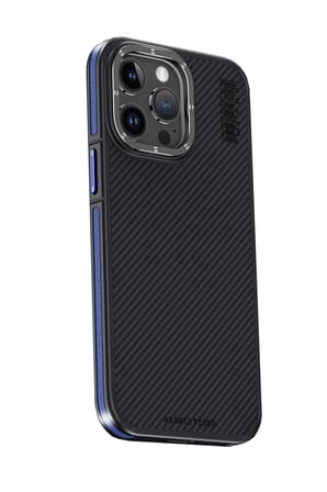 Fuchsia iPhone 15 Pro Max ile Uyumlu Kılıf Aramid 600D Kevlar Karbon Fiber Kablosuz Şarj Özellikli Kapak - Lacivert
