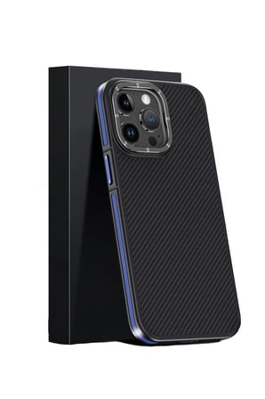Fuchsia iPhone 15 Pro Max ile Uyumlu Kılıf Aramid 600D Kevlar Karbon Fiber Kablosuz Şarj Özellikli Kapak - Lacivert